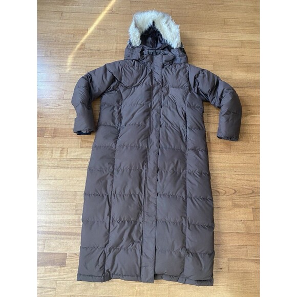 LL BEAN Womens Goose Down Puffer Coat Full Long Warm Parka Brown Hood Lg petite - Picture 1 of 10